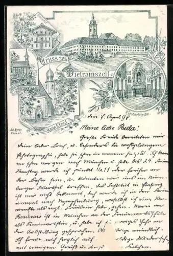 Lithographie Dietramszell, Klosterkirche, Maria Elend, Herz Jesu Kapelle