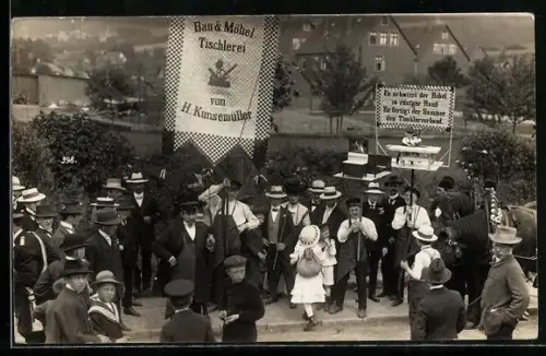 Foto-AK Bad Lauterberg /Osterode, Badejubiläum 1914, Festzug, Angestellte der Bau & Möbel-Tischlerei H. Kunsemüller