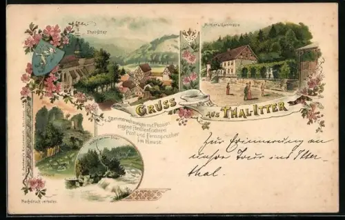 Lithographie Thal-Itter, Mittler`s Gasthaus, Wehr an der Itter, Itterburg