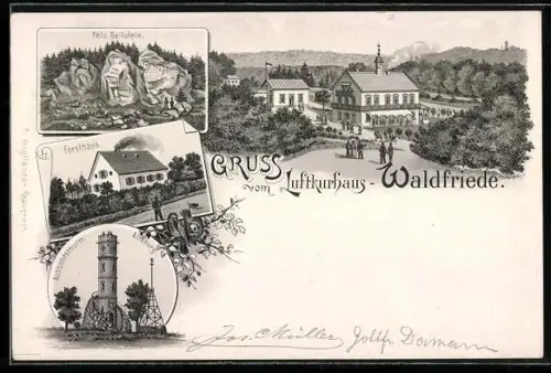 Lithographie Martinstein /Bad Kreuznach, Kurhaus Waldfriede, Forsthaus, Fels Beilstein, Aussichtsturm