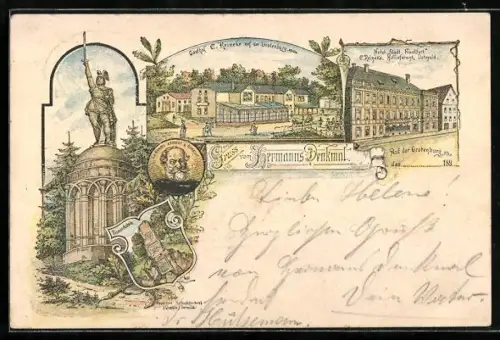 Lithographie Detmold, Hotel Stadt Frankfurt und Gasthof auf der Grotenburg, Bes. C. Reineke, Bismarckstein