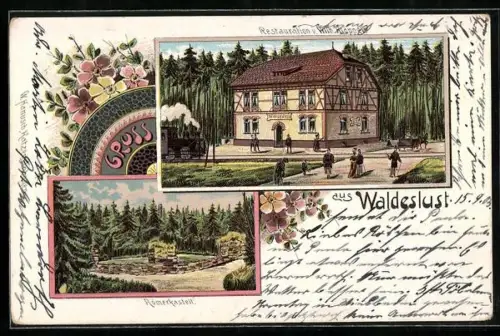 Lithographie Katzenelnbogen, Restaurant Waldeslust von Wilh. Klöppel und Römerkastell