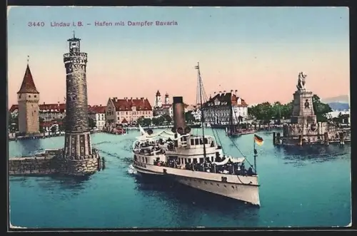 AK Lindau i. B., Hafen mit auslaufendem Raddampfer Bavaria