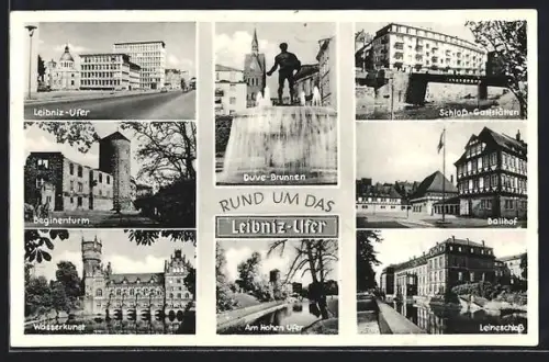 AK Hannover, Leibniz-Ufer, Duve-Brunnen, Beginenturm, Schloss-Gaststätten, Leineschloss