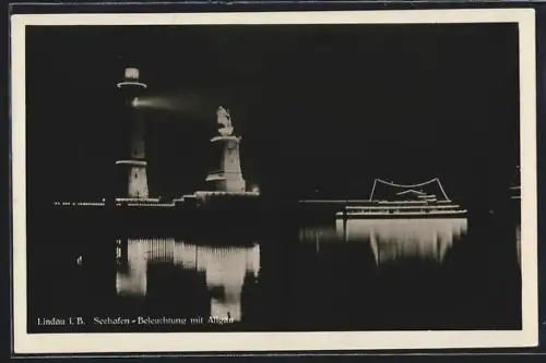 AK Lindau i. B., Seehafen, Beleuchtung mit Allgäu