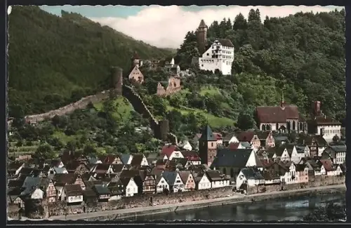 AK Hirschhorn am Neckar, Ortsansicht mit Burg, Stadtmauer und Kirche