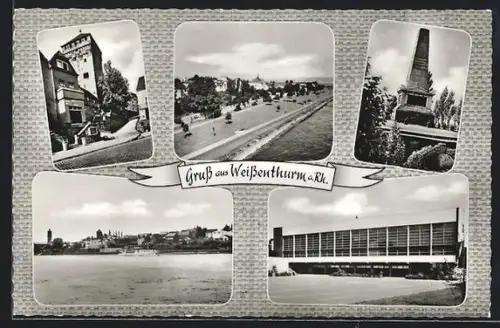 AK Weissenthurm a. Rh., Rheinpromenade, Ehrenmal, Stadthalle, Ortsansichten