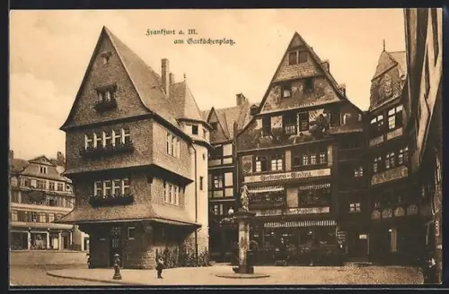 AK Alt-Frankfurt, Bierbrauerei am Garküchenplatz, Fachwerkhäuser