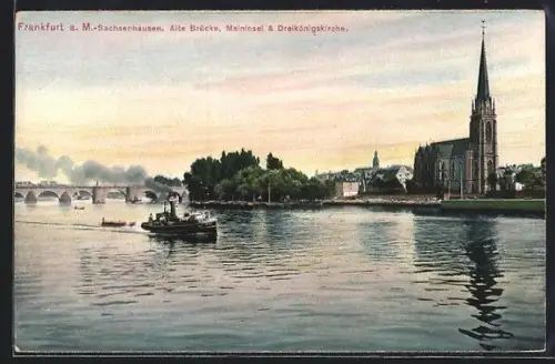 AK Frankfurt a. M.-Sachsenhausen, Alte Brücke, Maininsel, Dreikönigskirche