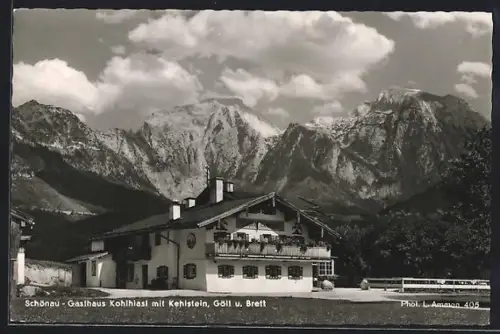 AK Schönau am Königssee, Gasthaus Kohlhiasl mit Kehlstein, Göll u. Brett