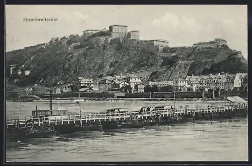 AK Ehrenbreitstein, Festung über dem Rhein, Rheinufer mit Anlegesteg