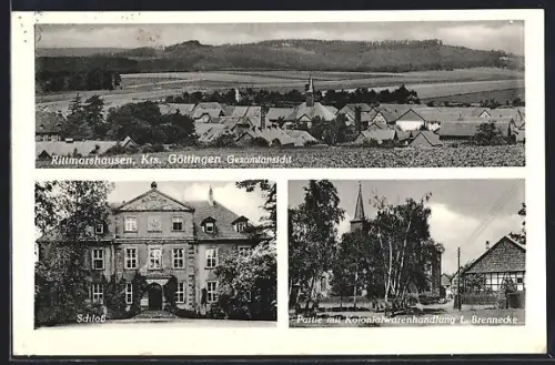 AK Rittmarshausen /Göttingen, Gesamtansicht, Schloss, Partie mit Kolonialwarenhandlung L. Brennecke