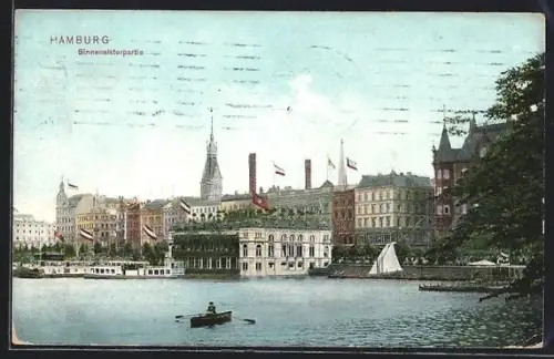 AK Hamburg, Binnenalsterpartie mit Alsterpavillon
