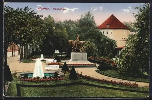 AK Weimar, Karlsplatz mit Reiterdenkmal und Brunnen