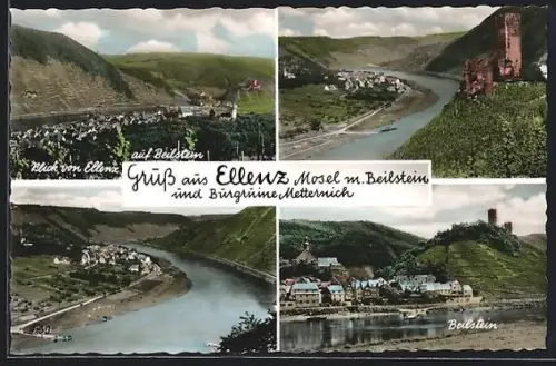 AK Ellenz, Moselansicht, Blick auf Beilstein und Burgruine
