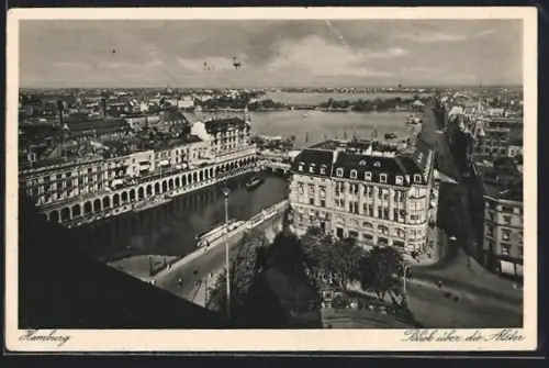 AK Hamburg, Blick über die Alster, Arkaden, Rathausplatz