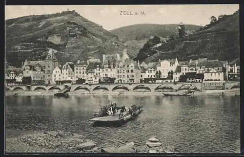 AK Zell a. M., Uferpartie mit Fähre