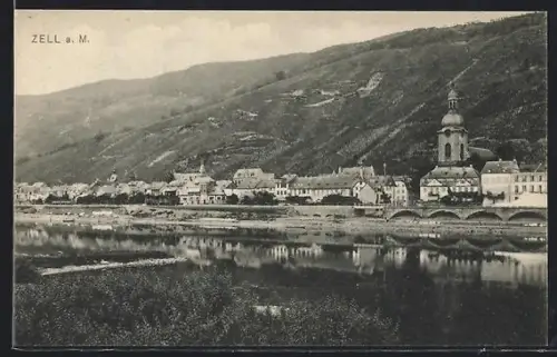 AK Zell a. M., Uferpartie mit Kirche