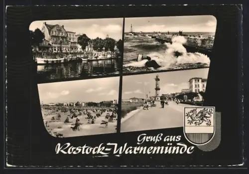 AK Rostock-Warnemünde, Strand, Leuchtturm, Uferpartie