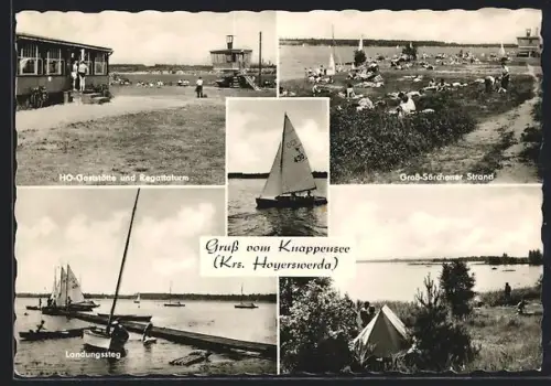 AK Knappensee /Krs. Hoyerswerda, HO-Gaststätte und Regattaturm, Gross-Särchener Strand, Landungssteg