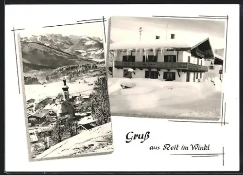AK Reit im Winkl, Ortspartie und Kirche im Schnee