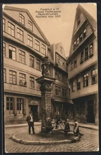 AK Alt-Frankfurt, Grosse Fischergasse, Neptunbrunnen, Gasthaus zum Stift
