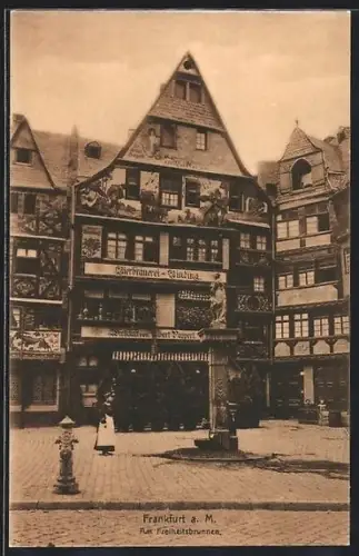 AK Frankfurt a. M., Freiheitsbrunnen, Gasthaus Bierbrauerei Binding