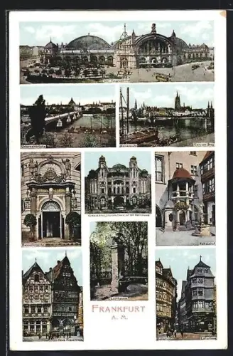 AK Frankfurt a. M., Hauptbahnhof, Mainansicht, Römerberg