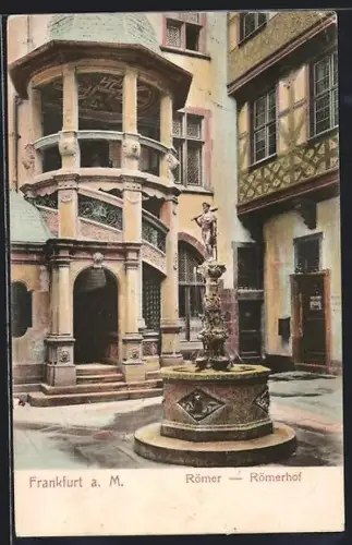 AK Frankfurt a. M., Römerhof, Innenhof mit Brunnen und Erker
