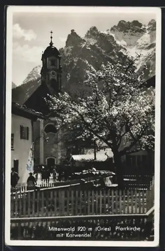 AK Mittenwald /Gries, Pfarrkirche mit Karwendel