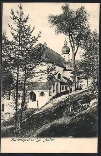 AK Garmisch-Partenkirchen, Blick auf die Kirche St. Anton