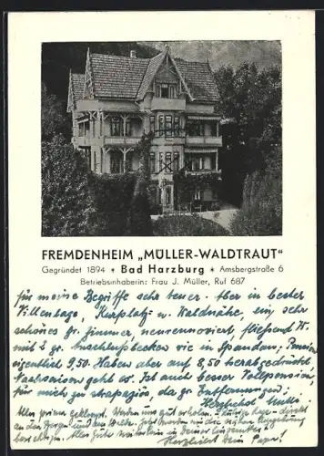 AK Bad Harzburg, Hotel Müller-Waldtraut, Amsbergstrasse 6, Inh. Frau J. Müller