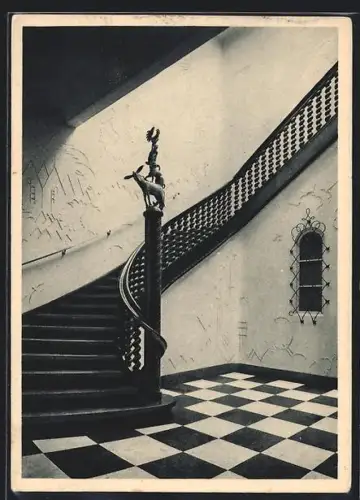 AK Bremen, Treppenhaus der Böttcherstrasse mit Figur der Bremer Stadtmusikanten