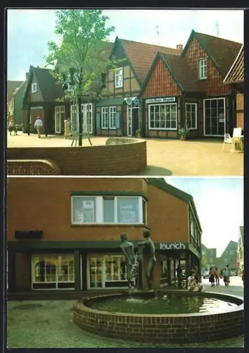 AK Soltau, Fachwerkhäuser, Holzskulpturen, Hochzeitsbrunnen im Hagen