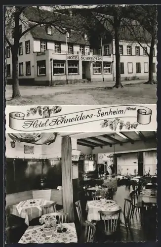 AK Senheim /Mosel, Hotel Schneiders, Aussenansicht, Gastraum