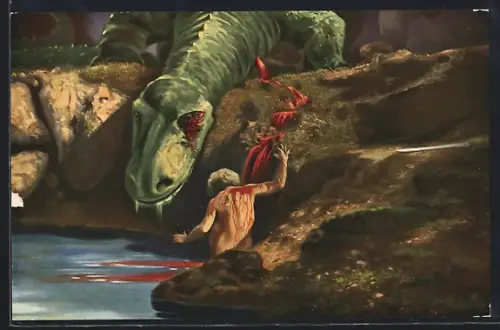 AK Nibelungen I, nach dem gleichnamigen Ufa-Film, Das Lindenblatt, Siegfried badet im Drachenblut