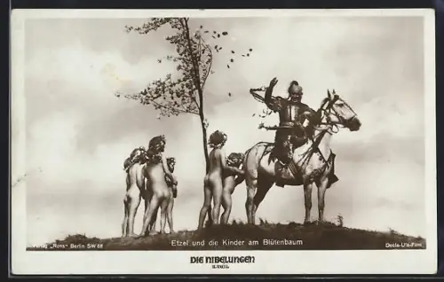 AK Die Nibelungen 2. Teil, Etzel und die Kinder am Blütenbaum, Szenenfoto mit Rudolf Klein-Rogge als Hunnenkönig Etzel