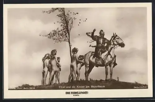 AK Die Nibelungen 2. Teil, Etzel und die Kinder am Blütenbaum, Szenenfoto mit Rudolf Klein-Rogge als Hunnenkönig Etzel
