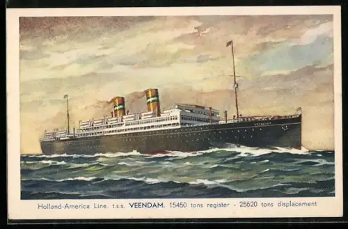 Künstler-AK Passagierschiff Veendam Holland-America Line auf hoher See