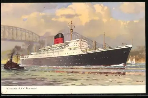 Künstler-AK Passagierschiff R.M.S. Saxonia der Cunard Line fährt unter Brücke hindurch