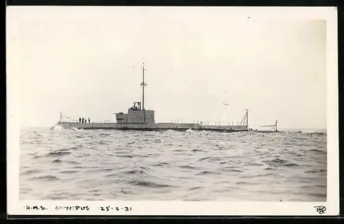 Foto-AK Britisches U-Boot Olympus der Odin-Klasse am 25.2.1931 in Überwasserfahrt