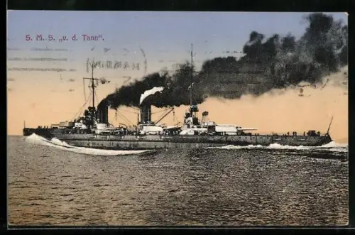 AK Grosser Kreuzer S.M.S. Von der Tann hohe Fahrt laufend, Kriegsschiff
