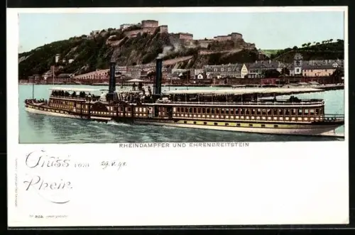 AK Ehrenbreitstein, Rheindampfer passiert die Schiffsbrücke