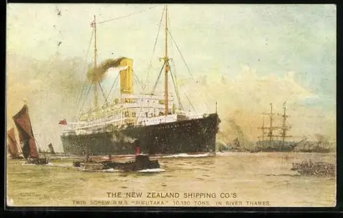 Künstler-AK Passagierschiff R.M.S. Rimutaka bei der Hafenausfahrt auf der Themse