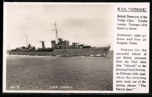 AK Britischer Zerstörer H.M.S. Cossack der Tribal-Klasse hohe Fahrt laufend, Kriegsschiff