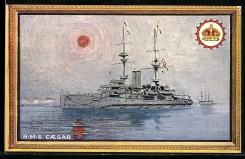 AK Kriegsschiff H.M.S. Caesar, im Hintergrund Segellinienschiff