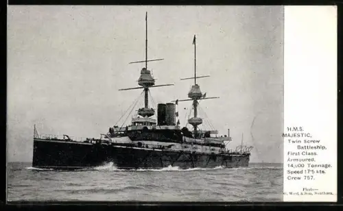 AK Schlachtschiff H.M.S. Majestic, Wasserverdrängung 14.900 ts, Kriegsschiff