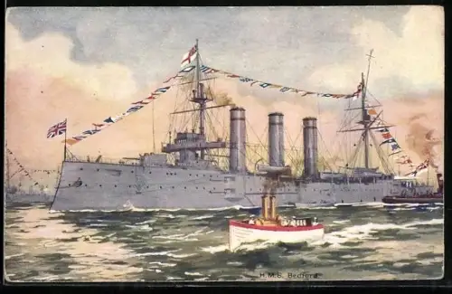 AK Kriegsschiff HMS Bedford in Flaggengala