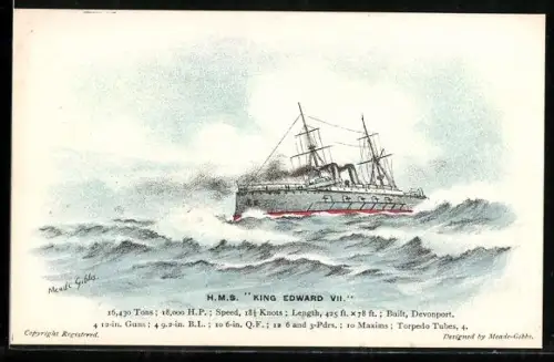 Künstler-AK Kriegsschiff H.M.S. King Edward VII. im Sturm