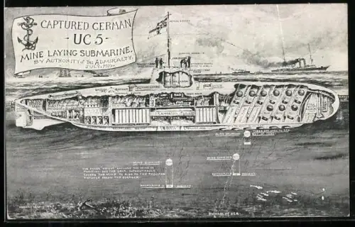 AK Erbeutetes deutsches Minenleger-U-Boot UC-5, Querschnitt eines U-Boots